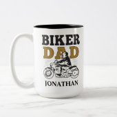 バイクもしくは自転車に乗る人パパ自動パーソナライズされた二輪車 ツートーンマグカップ (左)