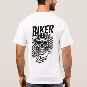 バイクもしくは自転車に乗る人パパ スカル&フ市松模様にラグバイク Tシャツ