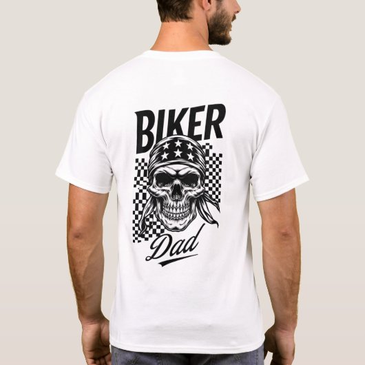 バイクもしくは自転車に乗る人パパ | スカル&フ市松模様にラグバイク Tシャツ (裏面)
