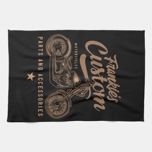 バイクもしくは自転車に乗る人パーソナライズされたカスタムボバーオートバイガレージ キッチンタオル (横)