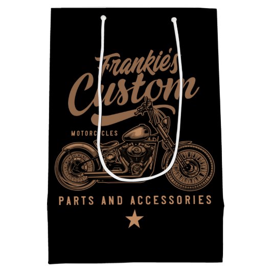 バイクもしくは自転車に乗る人パーソナライズされたカスタムボバーオートバイガレージ ミディアムペーパーバッグ (裏面)