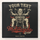 バイクもしくは自転車に乗る人パーソナライズされたスケルトンオートバイショップガレージ ガラスコースター (正面)