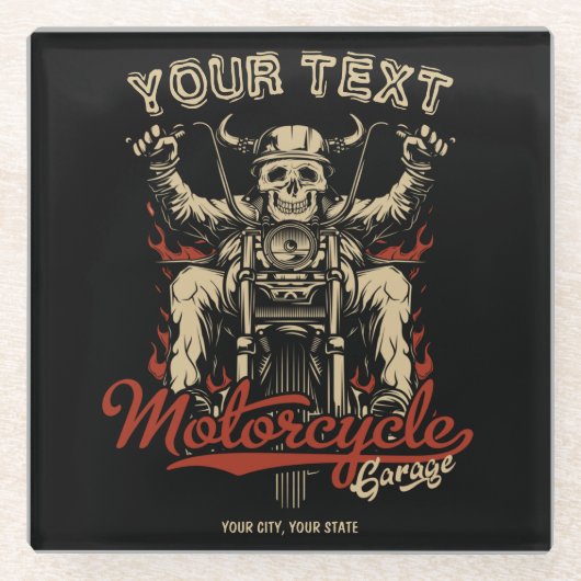バイクもしくは自転車に乗る人パーソナライズされたスケルトンオートバイショップガレージ ガラスコースター (正面)