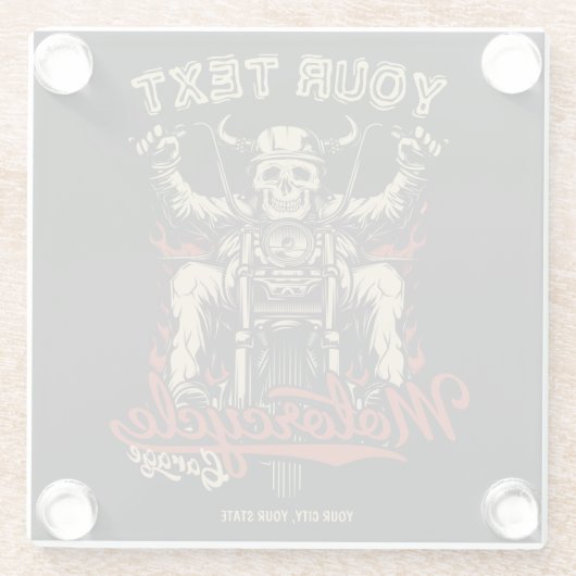 バイクもしくは自転車に乗る人パーソナライズされたスケルトンオートバイショップガレージ ガラスコースター (裏面)