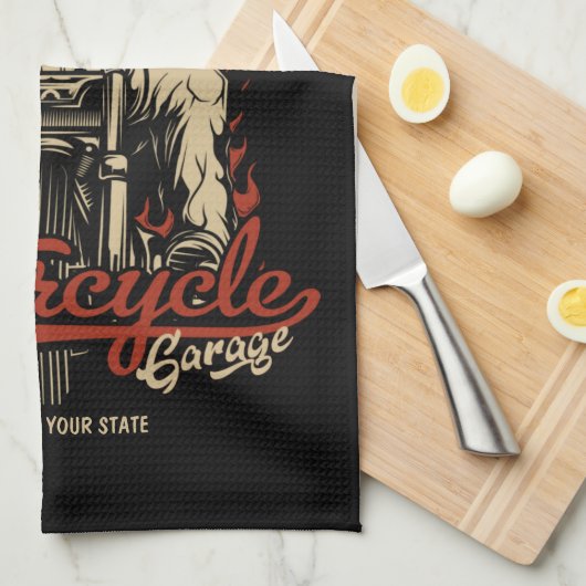 バイクもしくは自転車に乗る人パーソナライズされたスケルトンオートバイショップガレージ キッチンタオル (四つ折り)