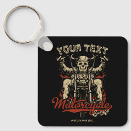 バイクもしくは自転車に乗る人パーソナライズされたスケルトンオートバイショップガレージ キーホルダー