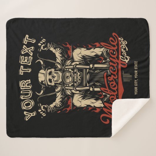 バイクもしくは自転車に乗る人パーソナライズされたスケルトンオートバイショップガレージ シェルパブランケット (正面(横))