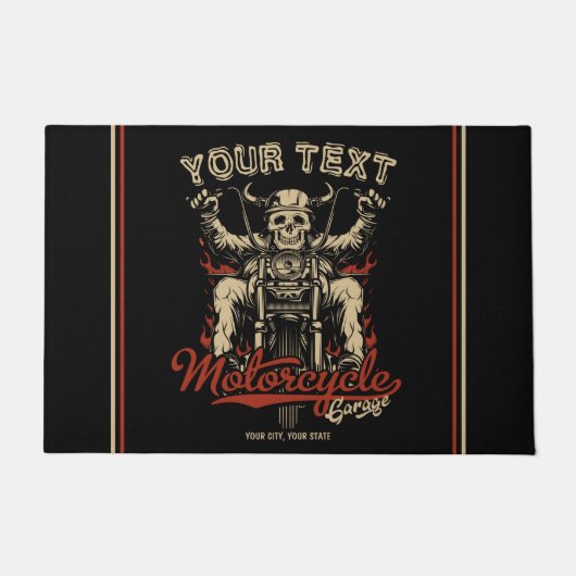 バイクもしくは自転車に乗る人パーソナライズされたスケルトンオートバイショップガレージ ドアマット (正面)