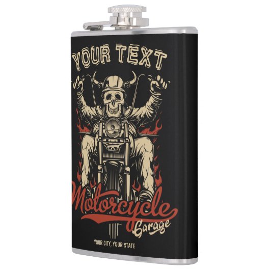 バイクもしくは自転車に乗る人パーソナライズされたスケルトンオートバイショップガレージ フラスク (左)