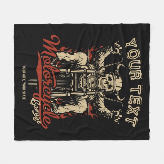 バイクもしくは自転車に乗る人パーソナライズされたスケルトンオートバイショップガレージ フリースブランケット (正面(横))