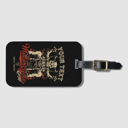 バイクもしくは自転車に乗る人パーソナライズされたスケルトンオートバイショップガレージ ラゲッジタグ (正面横)