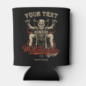 バイクもしくは自転車に乗る人パーソナライズされたスケルトンオートバイショップガレージ 缶クーラー (裏面)