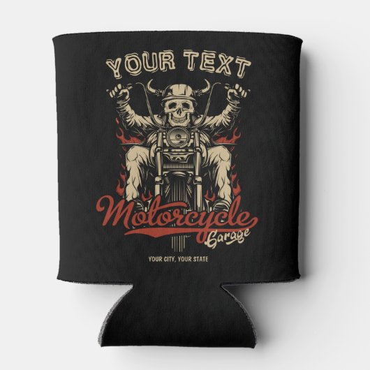 バイクもしくは自転車に乗る人パーソナライズされたスケルトンオートバイショップガレージ 缶クーラー (裏面)