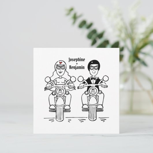 バイクもしくは自転車に乗る人パーソナライズされたバイク結婚式招待状 招待状 (スタンド正面)