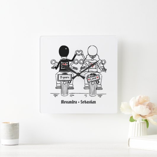 バイクもしくは自転車に乗る人パーソナライズされたバイク記念日ギフト スクエア壁時計 (ホーム)