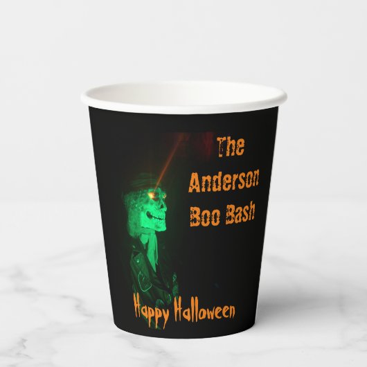 バイクもしくは自転車に乗る人ビリーハロウィーンスケルトンブラック&オレンジ 紙コップ (裏面)