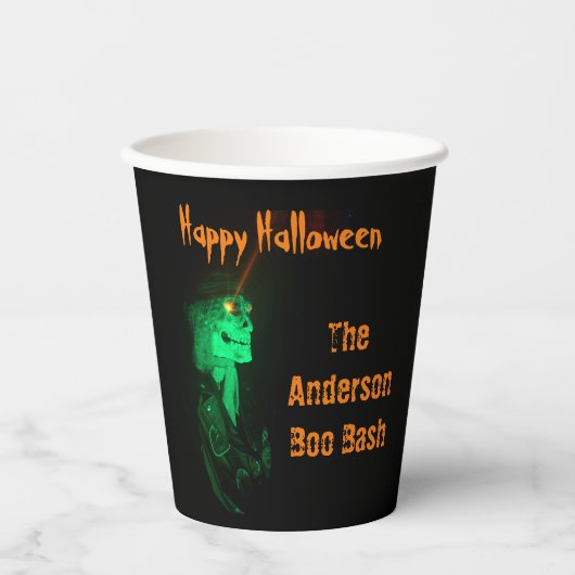 バイクもしくは自転車に乗る人ビリーハロウィーンスケルトンブラック&オレンジ 紙コップ (正面)