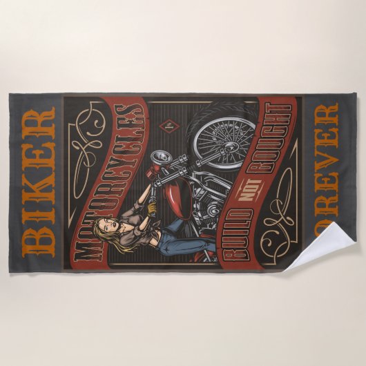 バイクもしくは自転車に乗る人フォーエバーカスタムモーターサイクルバーブ ビーチタオル (正面)