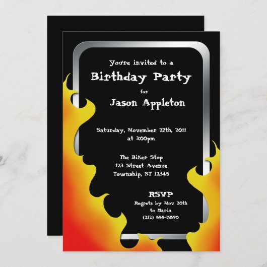 バイクもしくは自転車に乗る人フレイムシルバーフレーム誕生日招待状 招待状 (正面/裏面)