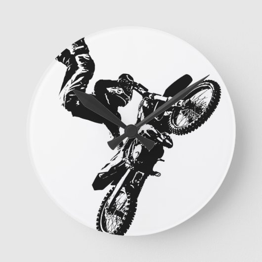 バイクもしくは自転車に乗る人ポップ・アートのアートオートバイ曲技速競技 ラウンド壁時計 (正面)