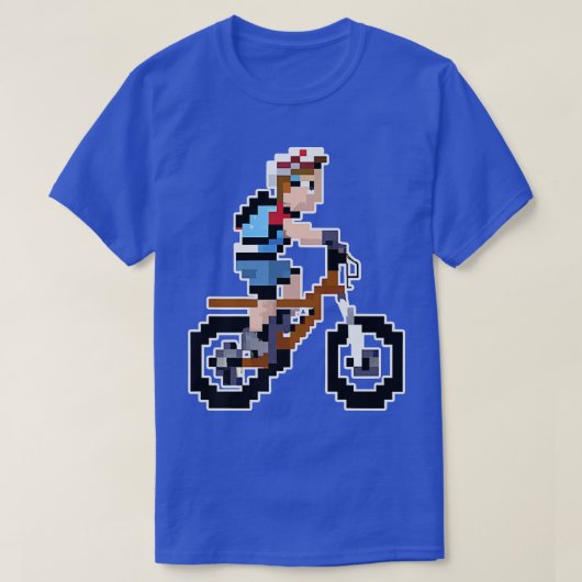 バイクもしくは自転車に乗る人マウンテンビカーピクセルアートレトロゲームスタイル Tシャツ (デザイン正面)