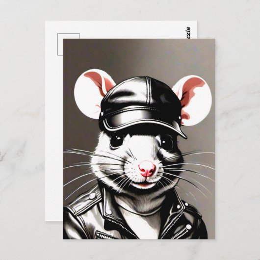 バイクもしくは自転車に乗る人ラット着用革ギア ポストカード (正面/裏面)