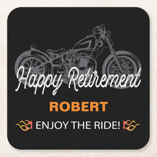 バイクもしくは自転車に乗る人用バイクでハッピーリタイア スクエアペーパーコースター (正面)