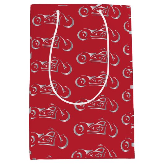 バイクもしくは自転車に乗る人用銀のバイクシルエット ミディアムペーパーバッグ (正面)