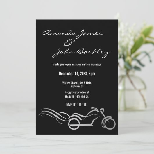バイクもしくは自転車に乗る人結婚ズブラックと渦巻き招待状 招待状 (スタンド正面)