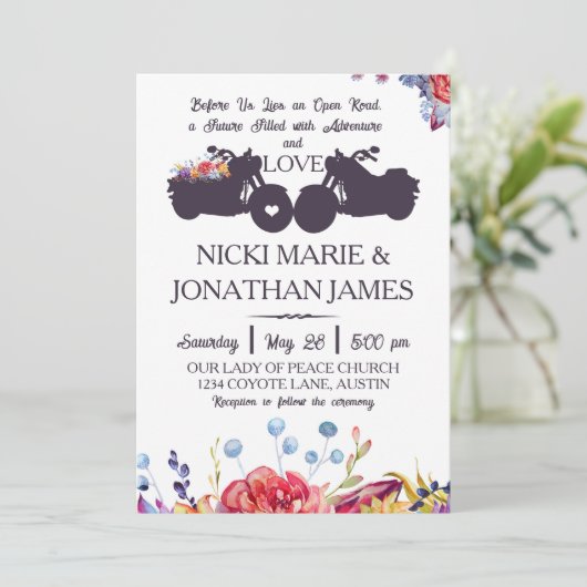 バイクもしくは自転車に乗る人結婚フローラ多肉類 招待状 (スタンド正面)