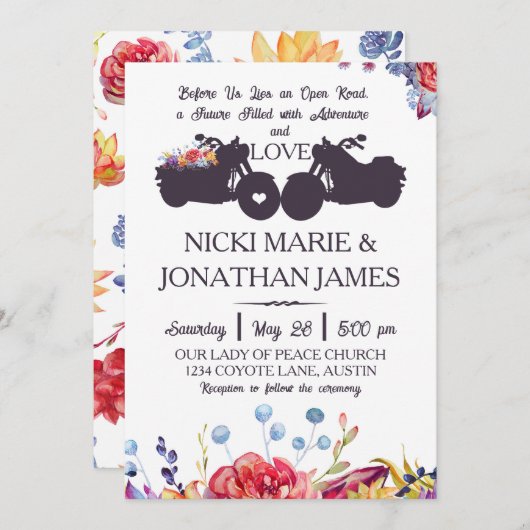 バイクもしくは自転車に乗る人結婚フローラ多肉類 招待状 (正面/裏面)