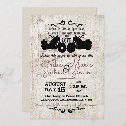バイクもしくは自転車に乗る人結婚式招待状オープンロード冒険 招待状 (正面/裏面)