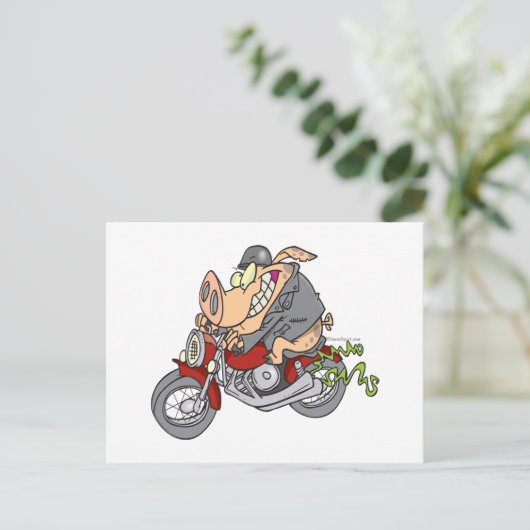 バイクもしくは自転車に乗る人豚バイクの漫画 ポストカード (スタンド正面)