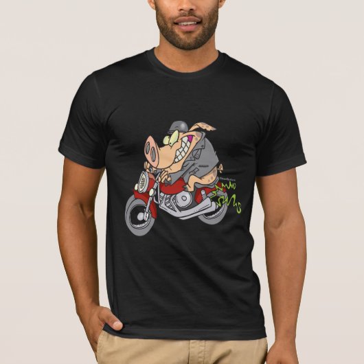 バイクもしくは自転車に乗る人豚バイクの漫画 Tシャツ (正面)