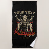 バイクもしくは自転車に乗る人骨格パーソナライズされた自動二輪車ショップガレージ ビーチタオル (正面)