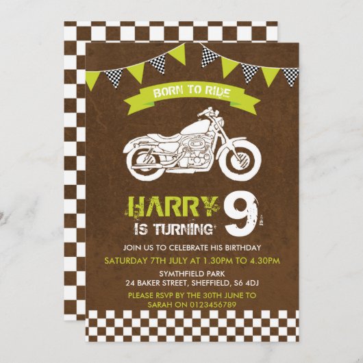 バイクをテーマにした誕生日パーティーの招待状 招待状 (正面/裏面)
