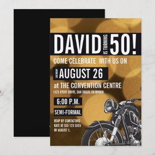 バイクをテーマにした、50歳の誕生日、ゴールドとブラック 招待状
