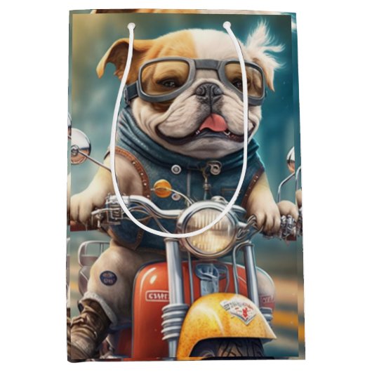 バイクカッコいい抱き枕を運転する犬 ミディアムペーパーバッグ (正面)