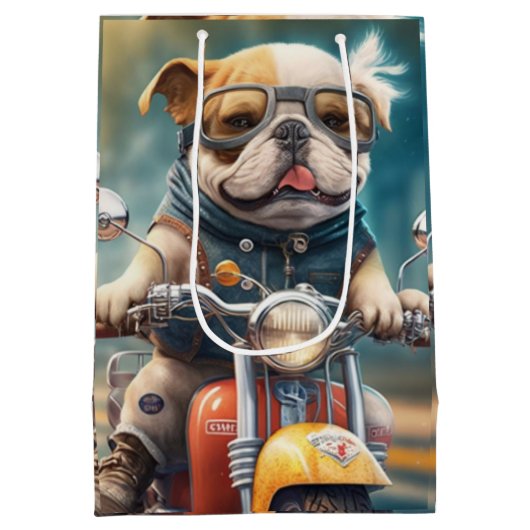 バイクカッコいい抱き枕を運転する犬 ミディアムペーパーバッグ (裏面)