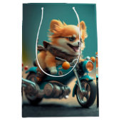 バイクカッコいい抱き枕を運転する犬 ミディアムペーパーバッグ (正面)