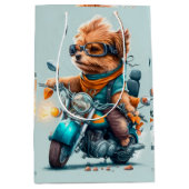 バイクカッコいい抱き枕を運転する犬 ミディアムペーパーバッグ (正面)