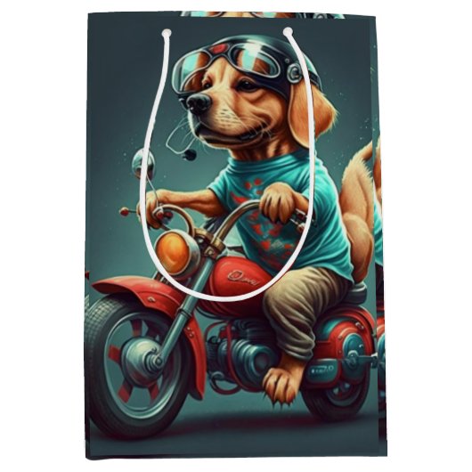 バイクカッコいい抱き枕を運転する犬 ミディアムペーパーバッグ (正面)