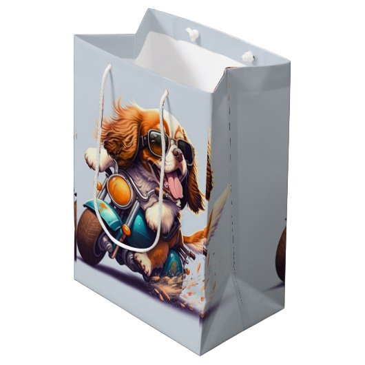 バイクカッコいい抱き枕を運転する犬 ミディアムペーパーバッグ (正面アングル)