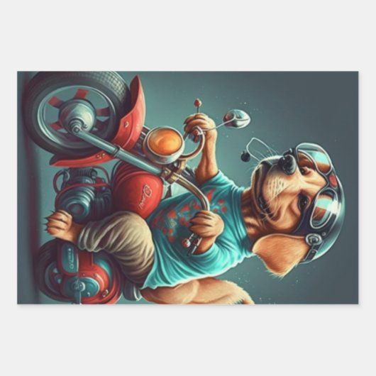 バイクカッコいい抱き枕を運転する犬 ラッピングペーパーシート (正面)