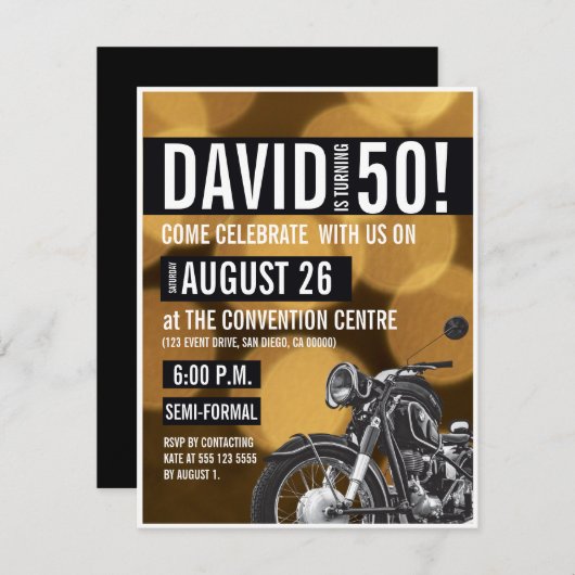 バイクテーマ50thバースデーパーティー金ゴールドブラック 招待状 (正面/裏面)