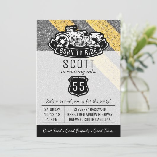 バイクバイクもしくは自転車に乗る人バースデーパーティカスタム招待状 招待状 (スタンド正面)