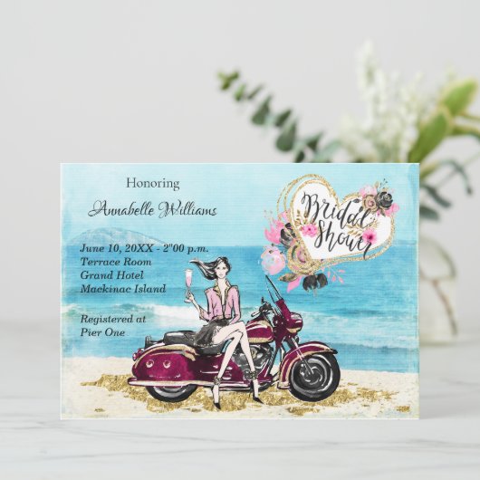 バイクバイクもしくは自転車に乗る人ブライダルシャワー招待 招待状 (スタンド正面)