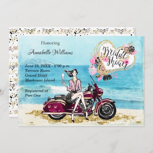 バイクバイクもしくは自転車に乗る人ブライダルシャワー招待 招待状 (正面/裏面)