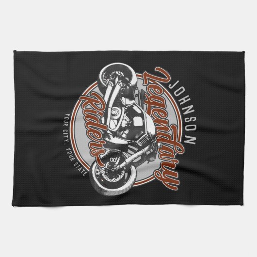 バイクパーソナライズされたレジェンダリーライダーバイクもしくは自転車に乗る人名 キッチンタオル (横)