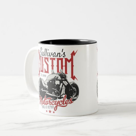 バイクビッグパーソナライズされたバートバイクバイクもしくは自転車に乗る人ガレージ ツートーンマグカップ (正面左)